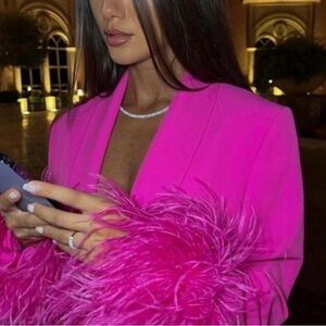 Zara Pink Feather Trim Blazer